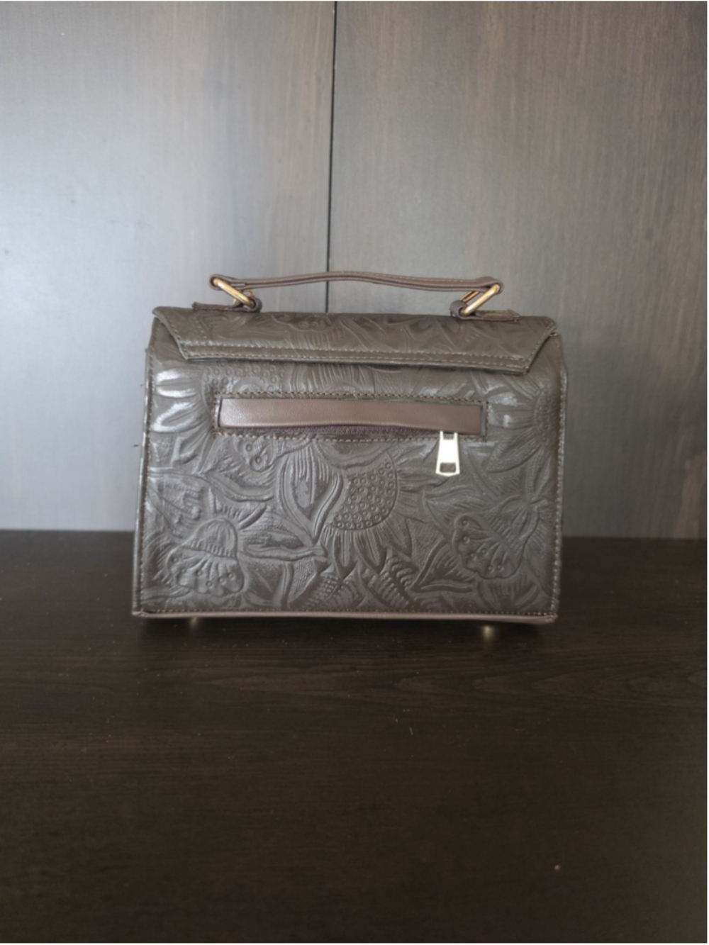 Dark Chocolate Brown Sunflower Embossed Tooled Artisan Leather Crossbody Bag - Picture 6 of 16